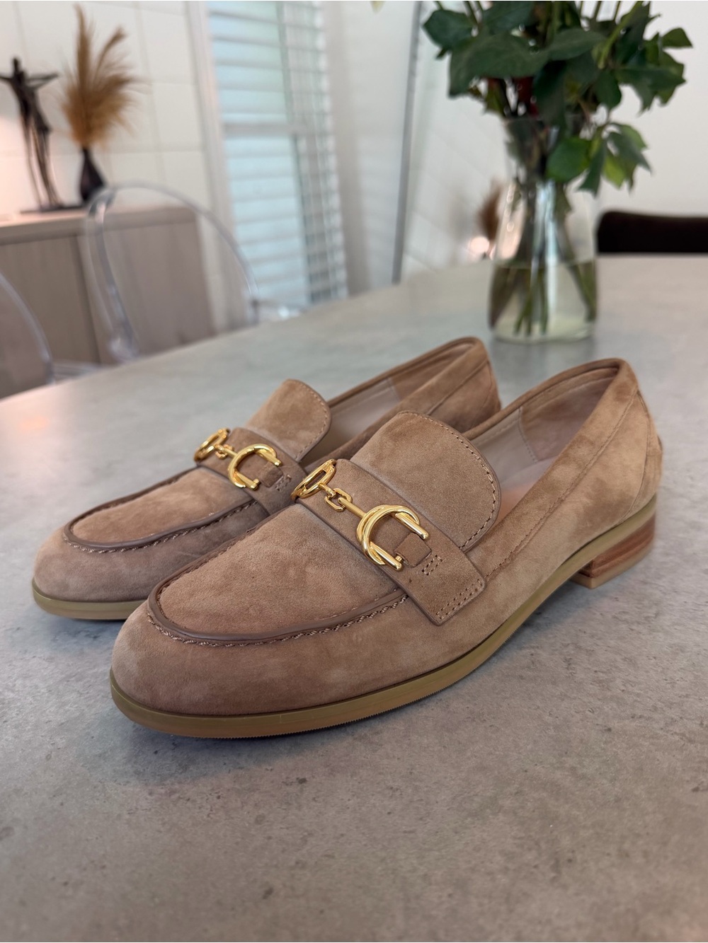 Stuart Weitzman Women’s Tan Suede Loafers, Gold Hardware - Size 5